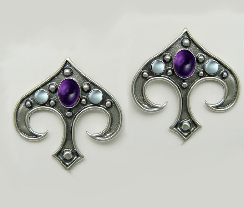 Sterling Silver Gothic Inspired Drop Dangle Earrings With Amethyst And Blue Topaz